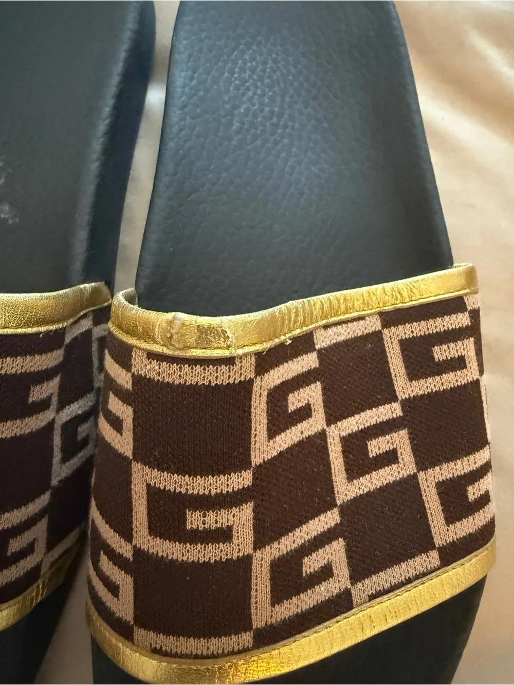 Gucci Brown & Gold GG Logo Slide Sandals